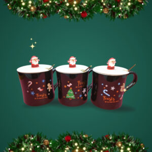 TAZA NEGRA NAVIDAD CON TAPA Y CUCHARA SERIE 3PCS