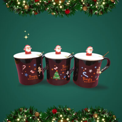 TAZA NEGRA NAVIDAD CON TAPA Y CUCHARA SERIE 3PCS