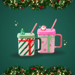 TAZAS 3D NAVIDAD CON TAPA Y POPOTE