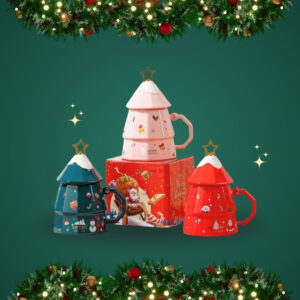 TAZAS 3D ÁRBOL DE NAVIDAD CON TAPA Y AGITADOR DE ESTRELLA