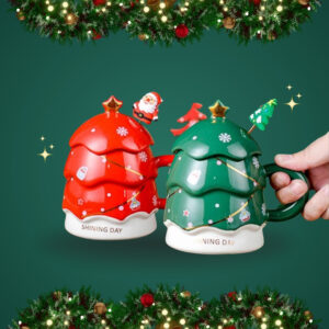 TAZAS 3D ÁRBOL DE NAVIDAD CON TAPA Y AGITADOR DE SANTA CLAUS