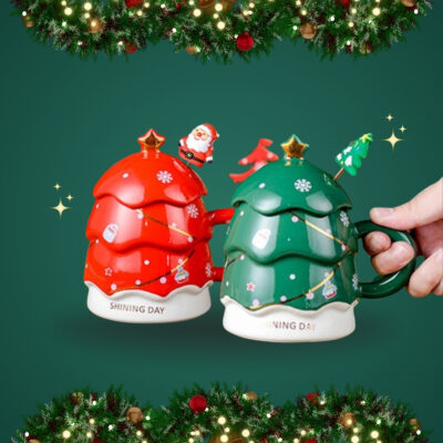 TAZAS 3D ÁRBOL DE NAVIDAD CON TAPA Y AGITADOR DE SANTA CLAUS